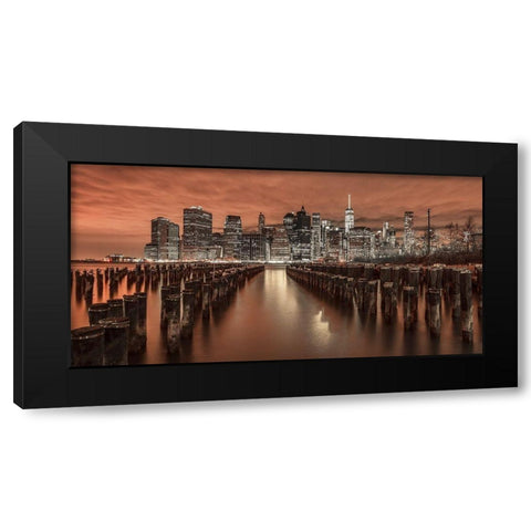Manhattan skyline with groynes Black Modern Wood Framed Art Print with Double Matting by Frank, Assaf