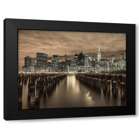 Manhattan skyline with rows of groynes in foreground, New York Black Modern Wood Framed Art Print with Double Matting by Frank, Assaf