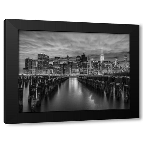 Manhattan skyline with rows of groynes in foreground, New York Black Modern Wood Framed Art Print with Double Matting by Frank, Assaf