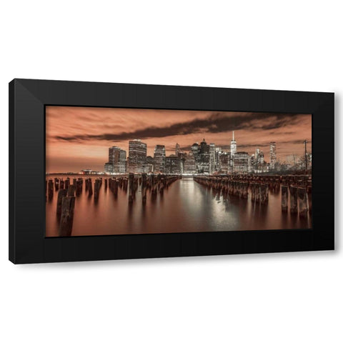 Manhattan skyline with rows of groynes in foreground, New York Black Modern Wood Framed Art Print with Double Matting by Frank, Assaf