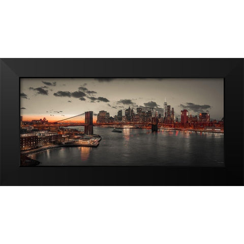 Evening view of Lower Manhattan sky-skyline with Brooklyn bridge over East river, New York, FTBR-190 Black Modern Wood Framed Art Print by Frank, Assaf