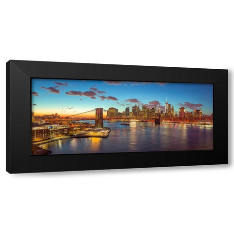 Evening view of Lower Manhattan skyline with Brooklyn bridge over East river, New York Black Modern Wood Framed Art Print with Double Matting by Frank, Assaf