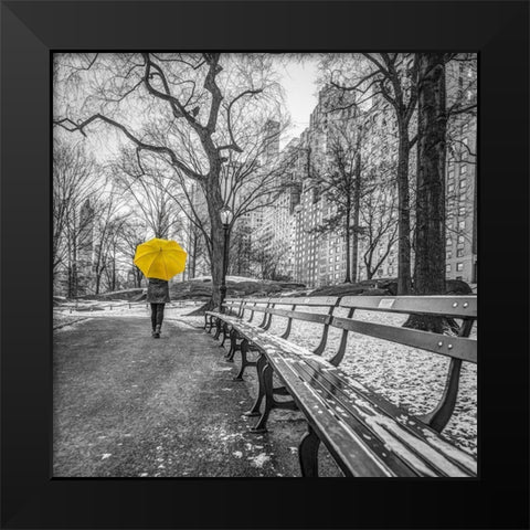 Tourist on pathway with Yellow umbrella at Central park-New York Black Modern Wood Framed Art Print by Frank, Assaf