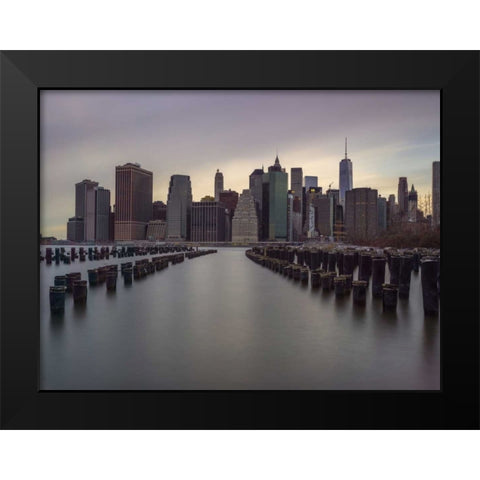 Manhattan skyline with rows of groynes in East river, New York Black Modern Wood Framed Art Print by Frank, Assaf