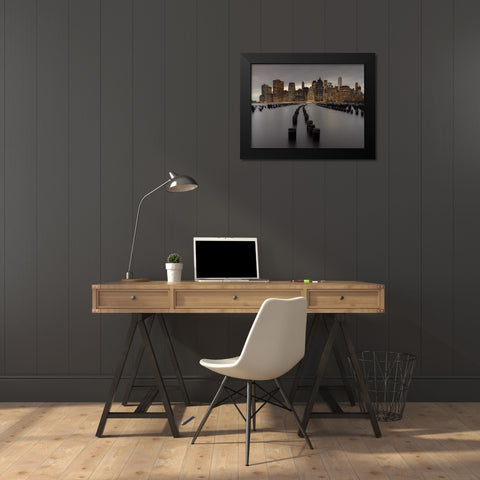 Manhattan skyline with rows of groynes in East river, New York Black Modern Wood Framed Art Print by Frank, Assaf