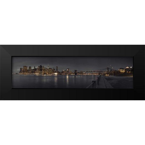 Evening view of Manhattan skyline over East river, New York Black Modern Wood Framed Art Print by Frank, Assaf
