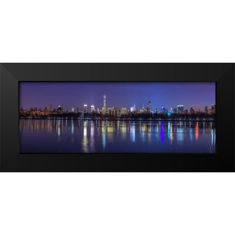 View of New York city skyline from Central park in evening Black Modern Wood Framed Art Print by Frank, Assaf