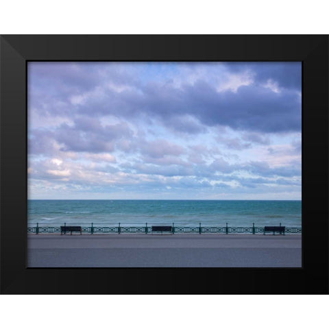 Benches at seaside promenade Black Modern Wood Framed Art Print by Frank, Assaf