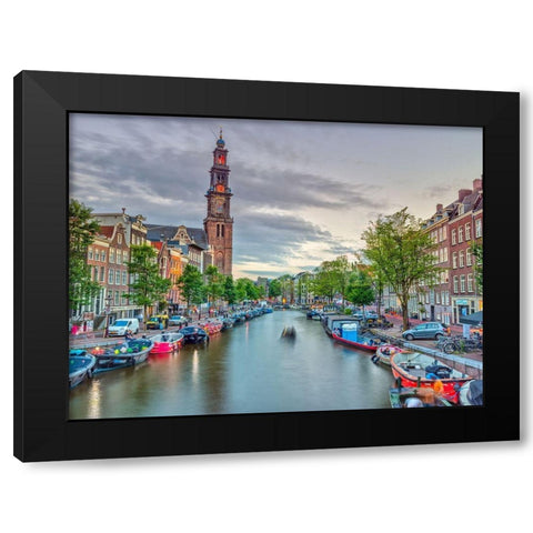 Canal through Amsterdam city Black Modern Wood Framed Art Print with Double Matting by Frank, Assaf