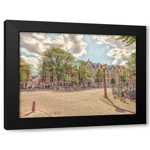 Bicycle parked on the street Black Modern Wood Framed Art Print by Frank, Assaf