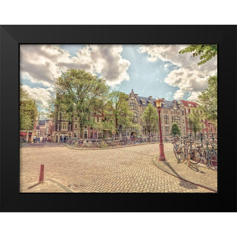 Bicycle parked on the street Black Modern Wood Framed Art Print by Frank, Assaf