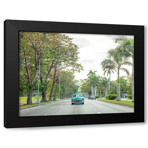 Vintage car on a road with palm trees, Cuba Black Modern Wood Framed Art Print with Double Matting by Frank, Assaf