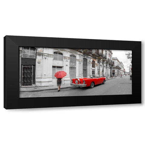 Woman with red umbrella by a vintage car on the street of Havana-Cuba Black Modern Wood Framed Art Print with Double Matting by Frank, Assaf