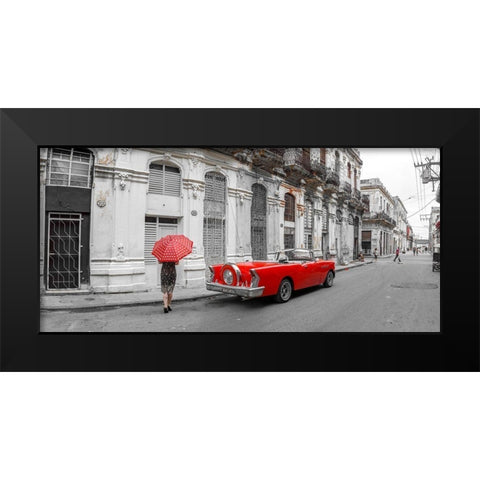 Woman with red umbrella by a vintage car on the street of Havana-Cuba Black Modern Wood Framed Art Print by Frank, Assaf