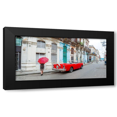 Woman with red umbrella by a vintage car on the street of Havana, Cuba, FTBR 1851 Black Modern Wood Framed Art Print by Frank, Assaf