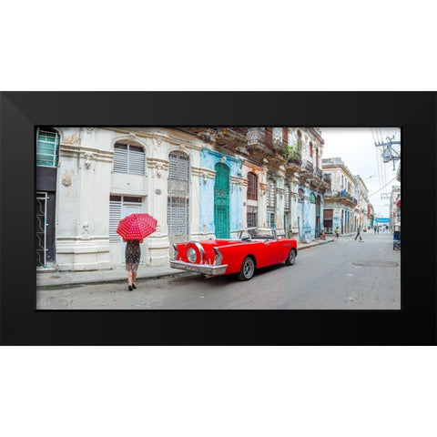 Woman with red umbrella by a vintage car on the street of Havana, Cuba, FTBR 1851 Black Modern Wood Framed Art Print by Frank, Assaf