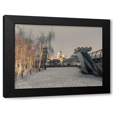 St Pauls Cathedral and Millennium Bridge in snow-London-UK Black Modern Wood Framed Art Print by Frank, Assaf