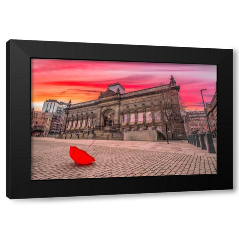 Red umbrella outside-city museum Black Modern Wood Framed Art Print by Frank, Assaf