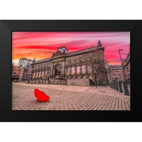Red umbrella outside-city museum Black Modern Wood Framed Art Print by Frank, Assaf