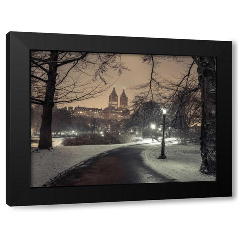 Path in cental park at night, winter, snow, New York. Black Modern Wood Framed Art Print by Frank, Assaf