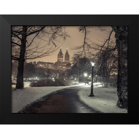 Path in cental park at night, winter, snow, New York. Black Modern Wood Framed Art Print by Frank, Assaf