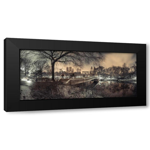 Central park Bow Bridge with Manhattan skyline, New York Black Modern Wood Framed Art Print with Double Matting by Frank, Assaf