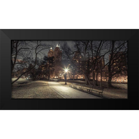 Path in cental park at night, winter, snow, New York. Black Modern Wood Framed Art Print by Frank, Assaf