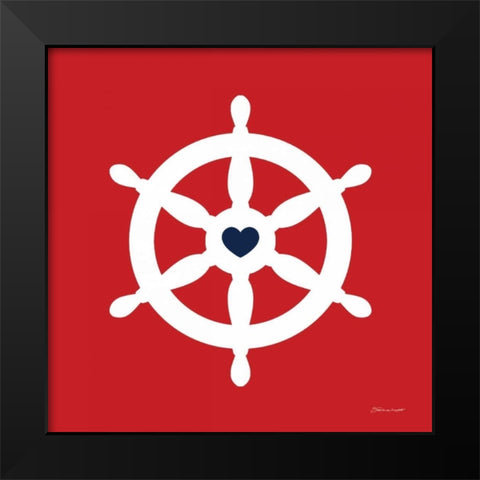Ship Wheel On red Black Modern Wood Framed Art Print by Marrott, Stephanie
