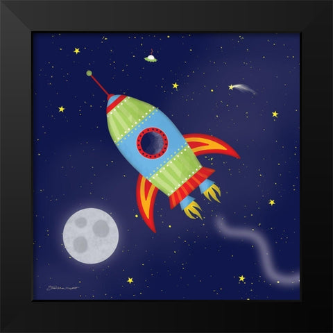Rocket In Space Black Modern Wood Framed Art Print by Marrott, Stephanie