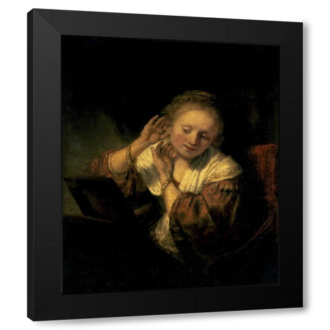Young Woman Trying Earrings, 1654 Black Modern Wood Framed Art Print with Double Matting by Rembrandt