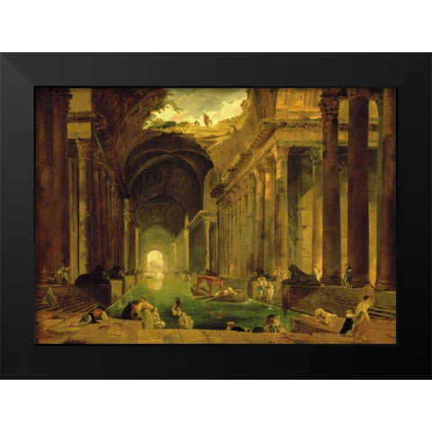 Vue Imaginaire de la Grande Galerie en Ruins Black Modern Wood Framed Art Print by Robert, Hubert