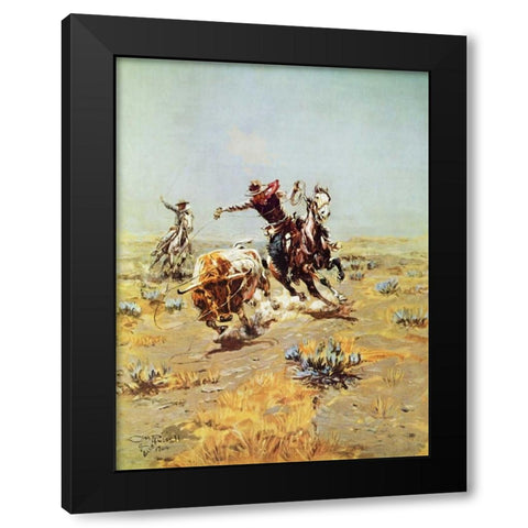 Cowboy Roping A steer Black Modern Wood Framed Art Print with Double Matting by Russell, Charles M.