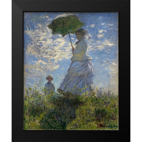 Woman with a Parasol - Madame Monet and Her Son Black Modern Wood Framed Art Print by Monet, Claude