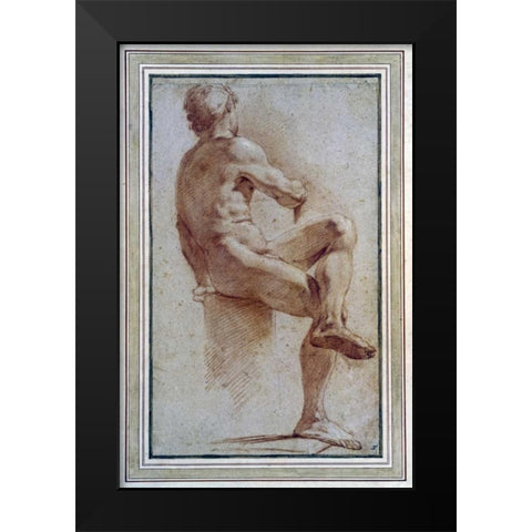 A Male Nude Seated With His Back Turned Black Modern Wood Framed Art Print by Carracci, Annibale