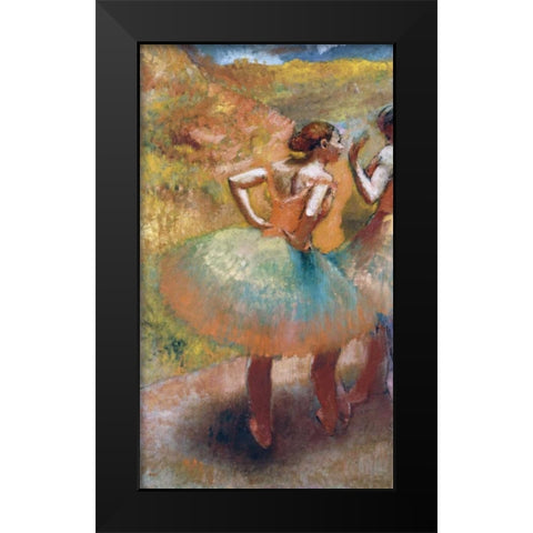 Two Dancers In Green Skirts Black Modern Wood Framed Art Print by Degas, Edgar