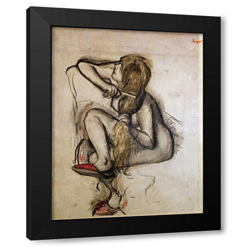 Woman Combing Her Hair Black Modern Wood Framed Art Print by Degas, Edgar