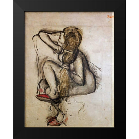 Woman Combing Her Hair Black Modern Wood Framed Art Print by Degas, Edgar