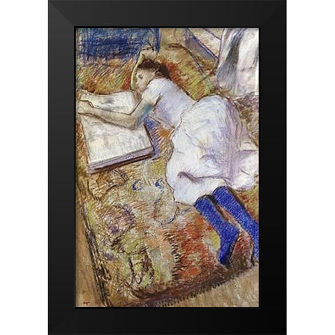 A Young Girl Stretched Out and Looking at An Album Black Modern Wood Framed Art Print by Degas, Edgar