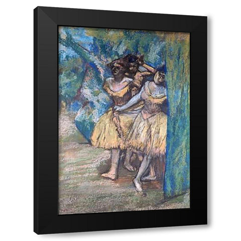 Three Dancers, With a Backdrop of Trees and Rocks Black Modern Wood Framed Art Print by Degas, Edgar