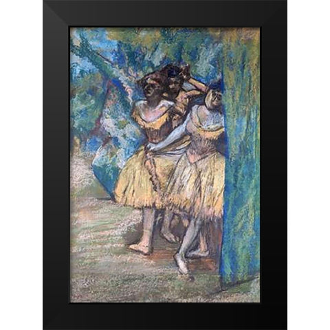 Three Dancers, With a Backdrop of Trees and Rocks Black Modern Wood Framed Art Print by Degas, Edgar