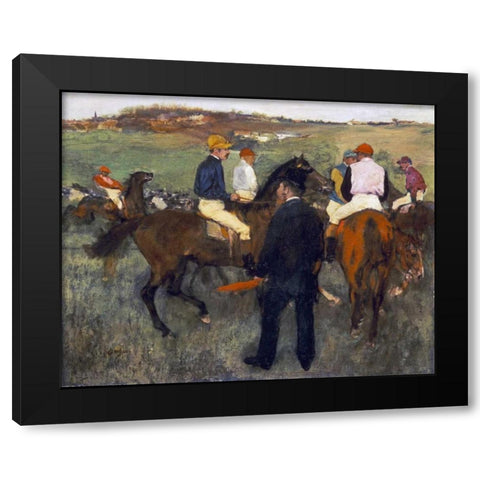 Racehorses - Leaving The Weighing Black Modern Wood Framed Art Print by Degas, Edgar