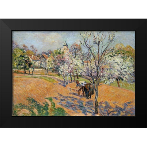 Two Peasants Sowing Haricots In An Orchard In Blossom Black Modern Wood Framed Art Print by Guillaumin, Armand