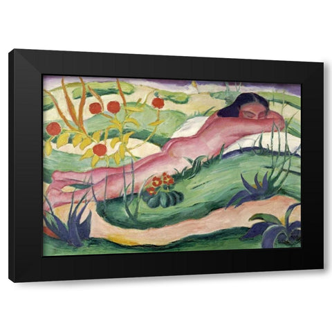 Nude Lying In The Flowers Black Modern Wood Framed Art Print by Marc, Franz