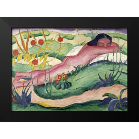 Nude Lying In The Flowers Black Modern Wood Framed Art Print by Marc, Franz