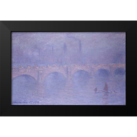 Waterloo Bridge, Misty Sunshine Black Modern Wood Framed Art Print by Monet, Claude