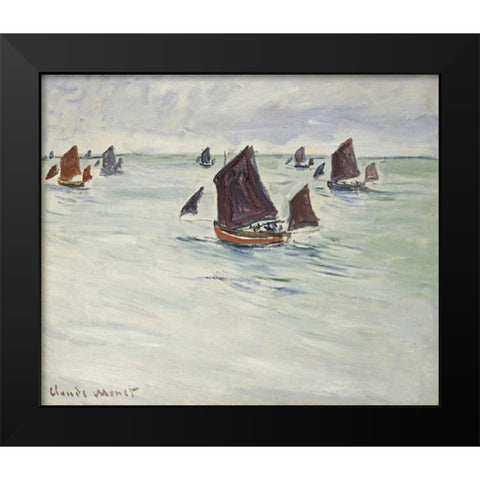 Fishing Boats off Pourville, 1882 Black Modern Wood Framed Art Print by Monet, Claude
