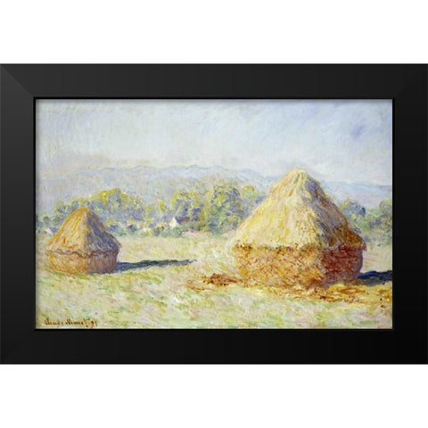 Haystacks, Morning Effect Black Modern Wood Framed Art Print by Monet, Claude