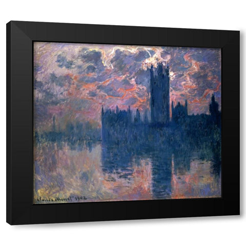 Parliament, Sunset Black Modern Wood Framed Art Print by Monet, Claude