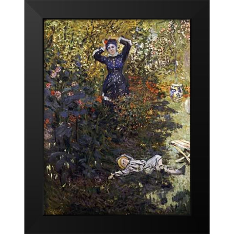 Camille and Jean in the Garden at Argenteuil Black Modern Wood Framed Art Print by Monet, Claude