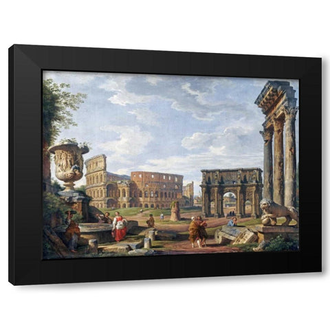 A Capriccio View of Rome With The Colosseum Black Modern Wood Framed Art Print with Double Matting by Panini, Giovanni Paolo